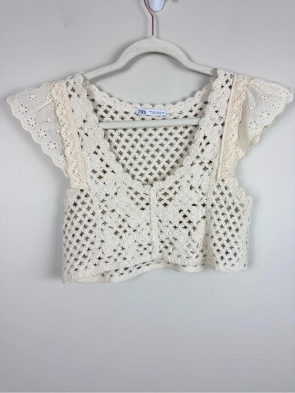 Zara Crochet Lace Crop Top Small Cream Boho Festival Rave Cottage Coastal Beach
